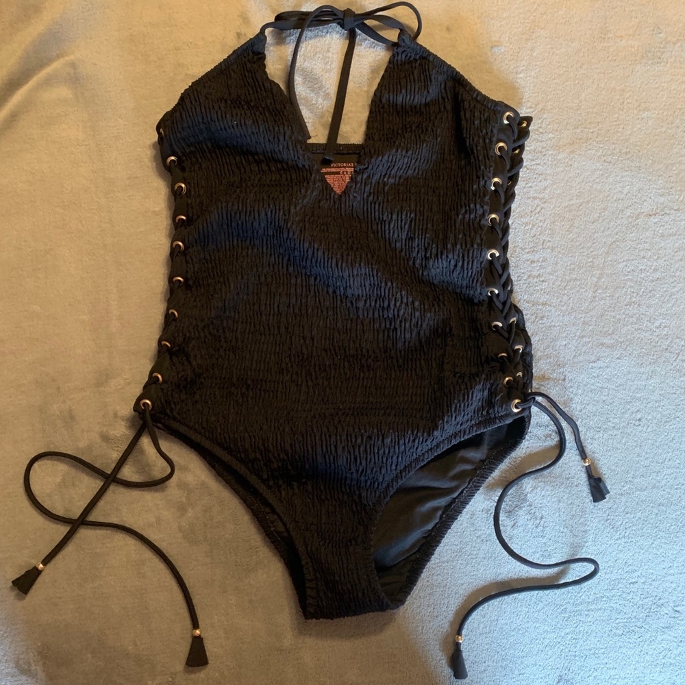 RARE Victoria's Secret Swim Black One Piece Side Tie Lace Up Smocked